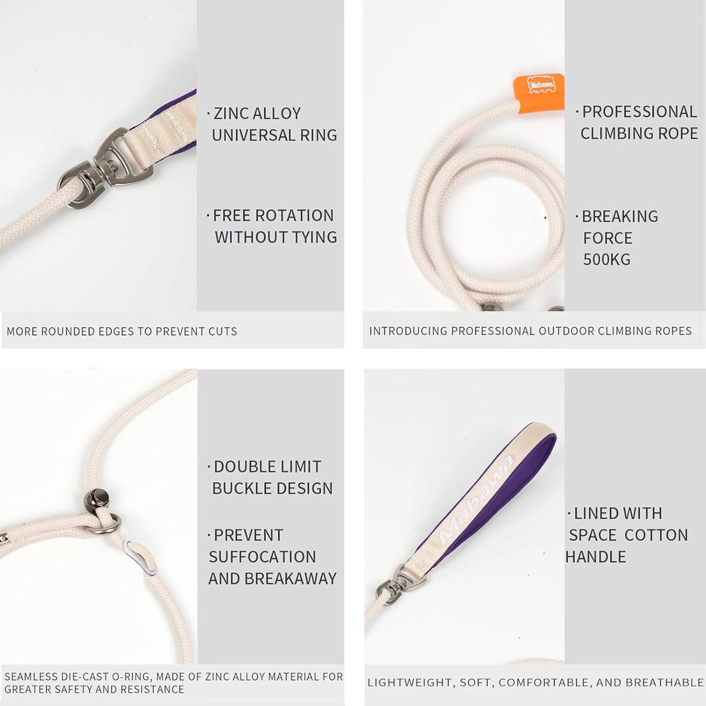 Dog Anti-Slip Leash 5FT with Metal Stopper - Durable No-Pull Training Lead for Small, Medium & Large Dogs - Comfortable Handle Nylon Rope, Tangle-Free Pet Walking Leash (Beige, 5.6FT)