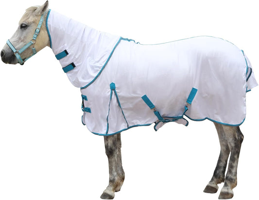 Horse Fly Sheet with Detachable Neck Cover & Belly Wrap, Adjustable Fly Sheet for Horses, Ventilated Airflow Mesh Equine Cooling Summer Flysheet White 78