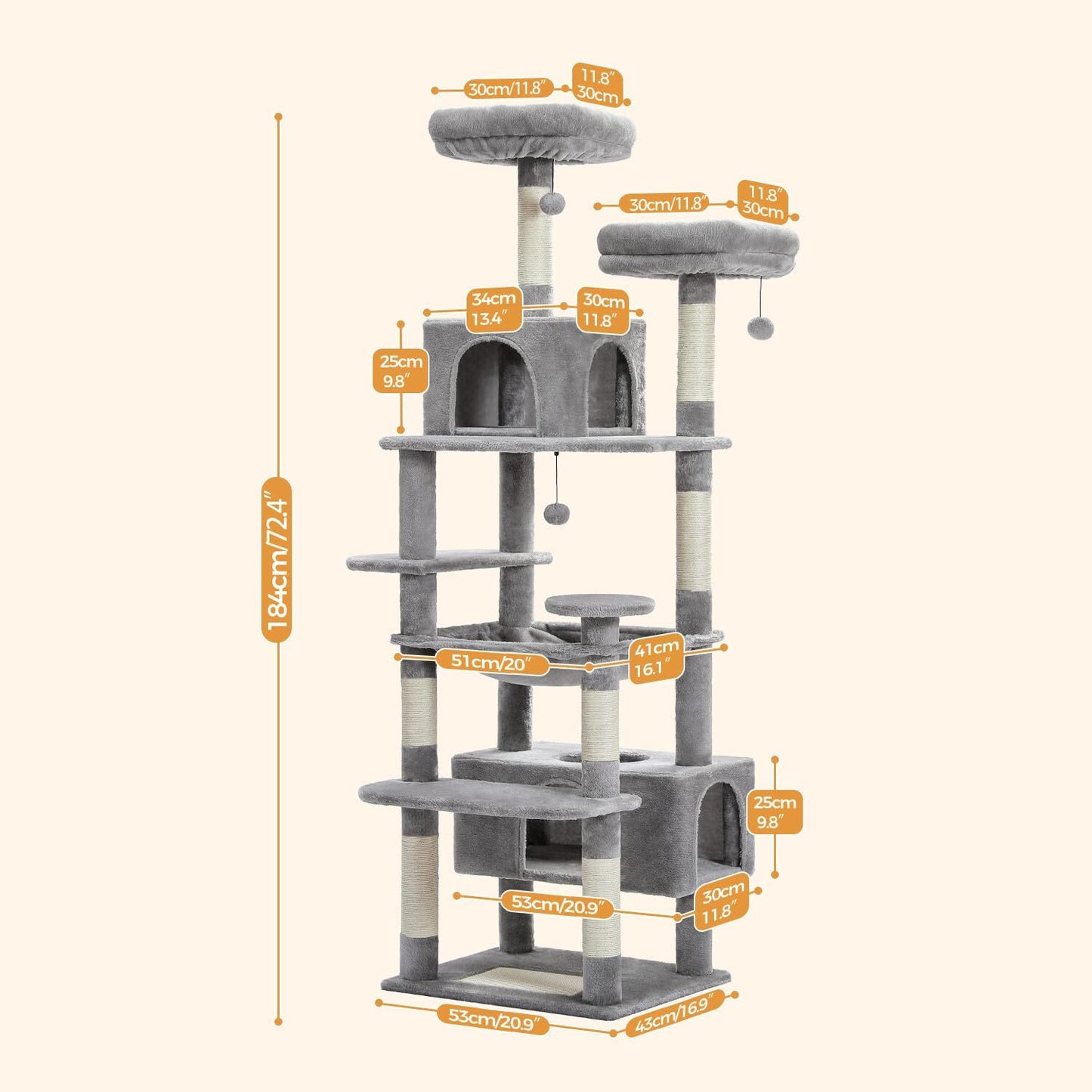 PAWZ Road Large 72 Inch Cat Tree and Tower for Indoor Cats - With Sisal-Covered Scratching Posts, Padded Perches, Condos, and Basket - Gray