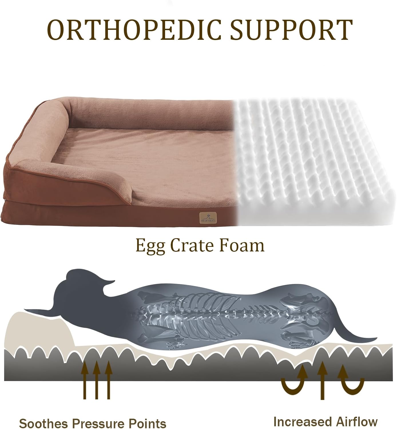 Bedfolks Orthopedic Dog Bed, Waterproof Dog Sofa Bed for Small Dogs & Cats, Egg Foam Pet Couch Bed with Removable Washable Cover and Nonslip Bottom, Brown