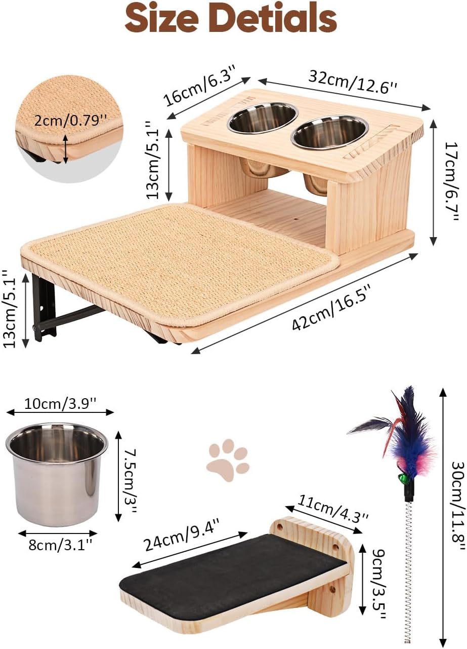 Cat Wall Shelves with 3 Cimbing Steps Wall-Mounted Cat Shelf Dogproof Feeding Bowls Station Cats Hammock and Perches for Wall Furniture Set Climber Scratching Post