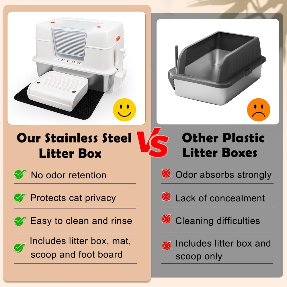 Vivifying Stainless Steel Litter Box with Lid, XL Side Entry Extra Large Litter Box for Big Cats & Kitty, Removable Enclosed Metal Cat Pan with High Sided Enclosure, Scoop, Mat, Footboard (Beige)