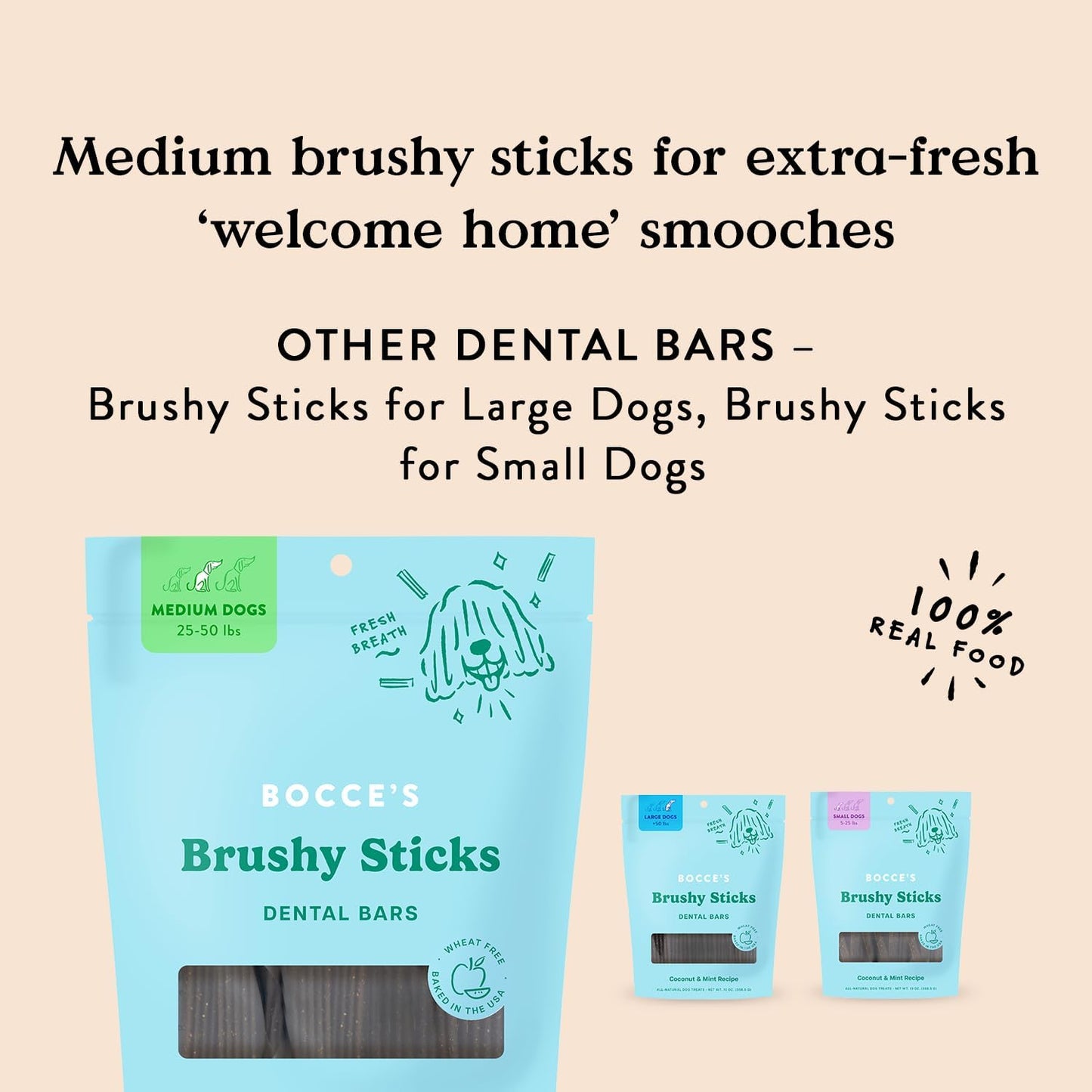 Bocce's Bakery Dailies Brushy Sticks to Support Oral Health & Fresh Breath, Wheat-Free Dental Bars for Dogs, Made with Real Ingredients, Baked in The USA, All-Natural Coconut & Mint, Medium Dogs