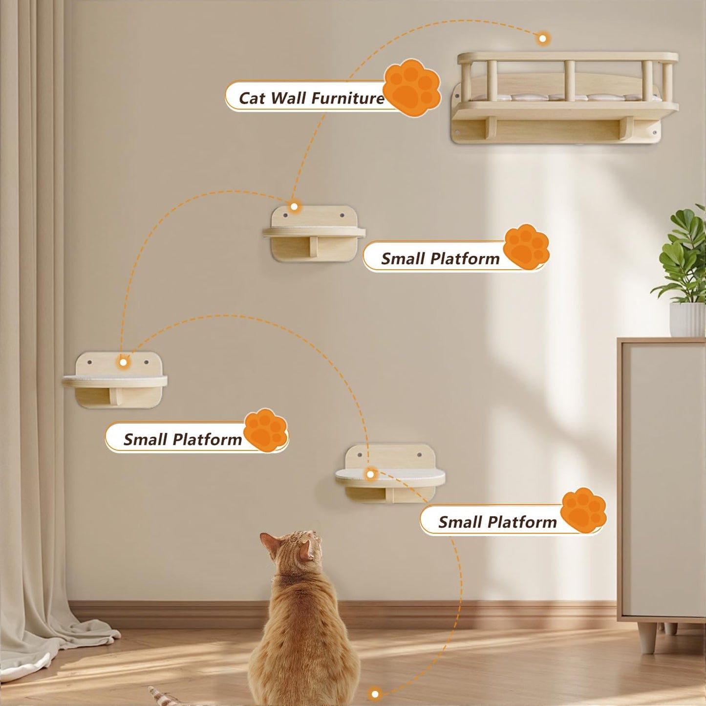 MeowHomm Cat Wall Shelves, Wood Cat Shelf with 3 Steps, Non-Slip Wall-Mounted Furniture for Kittens