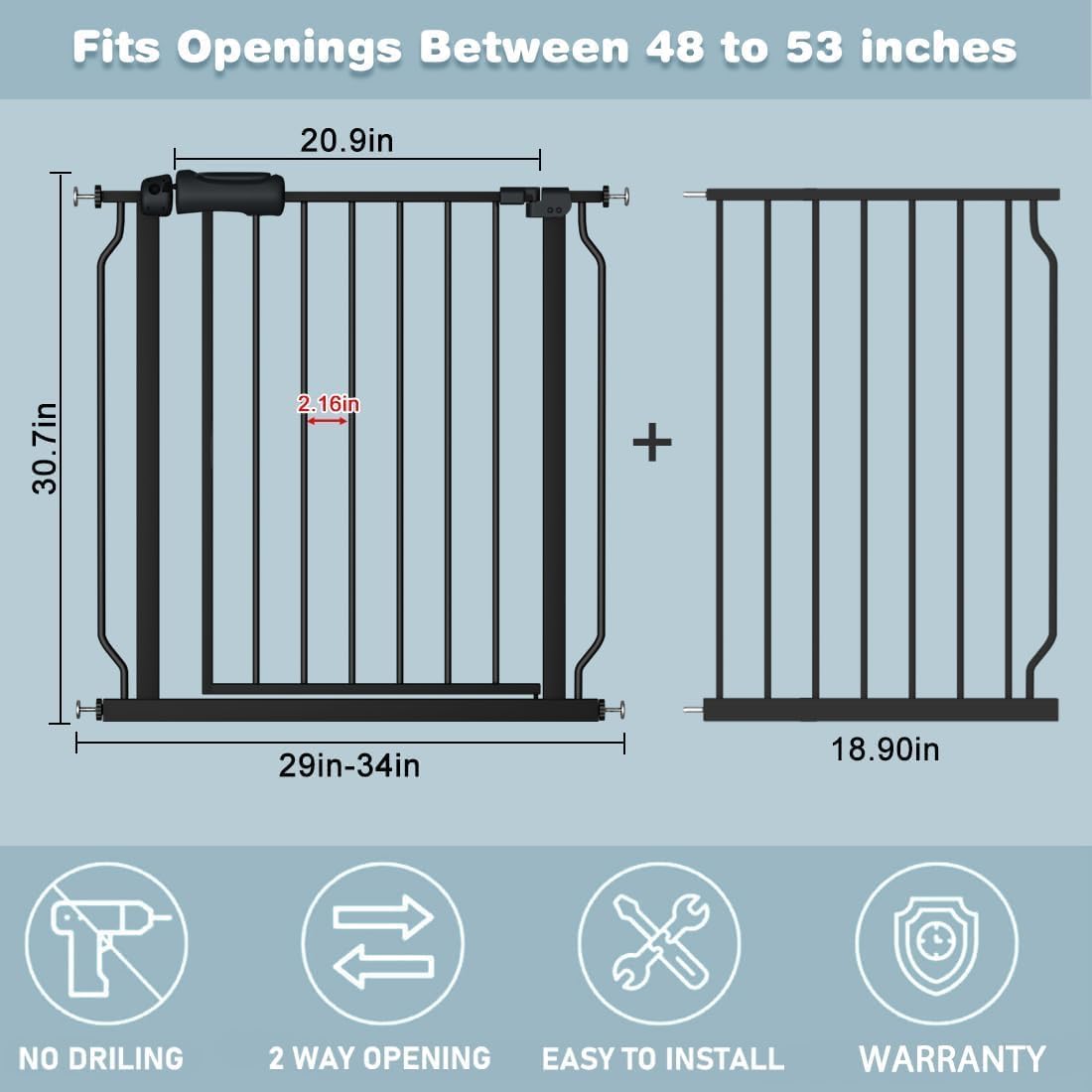 48-53 Inch Extra Wide Baby Gate for Stairs, Safety Dog Gate for Doorways, Pressure Mounted Walk Through Child Gate for Kids Pets No Drill Indoor and Outdoor, Black