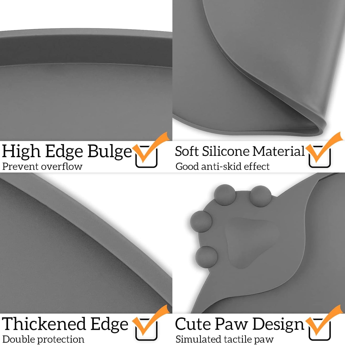 KPWACD Silicone Pet Placemat for Dogs and Cats, Non-Slip Waterproof Pet Feeding Bowl Mat Prevent Food and Water Overflow, High-Lips Puppy Dish Tray Mats Suitable for Large Medium Small Pets, Grey