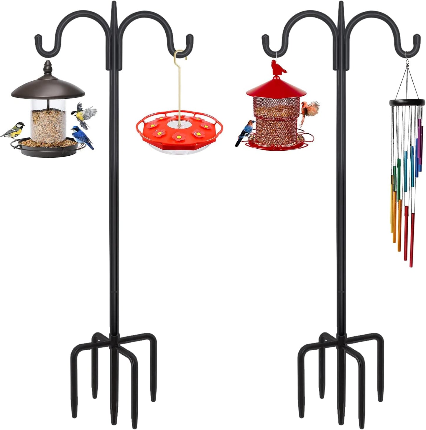 FEED GARDEN Adjustable Double Shepherds Hook for Outdoor with 5 Prong Base 76 Inch Heavy Duty Two Sided Bird Feeder Pole for Hanging Plant Baskets, Solar Light Lanterns, Wind Chimes 2 Pack