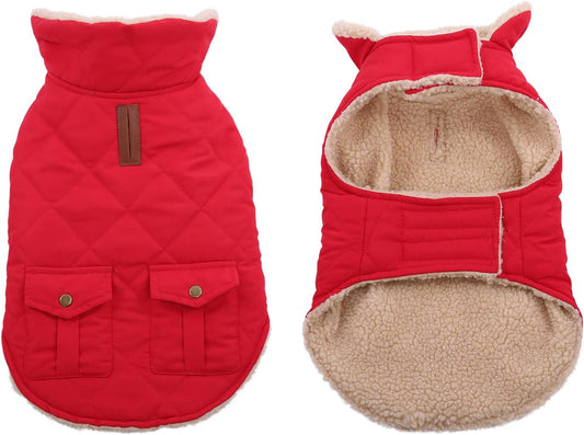 Queenmore Warm Dog Coat, Cold Weather Puffer Jacket with Ultra Thick Plush Lining and Storage Pockets (Red, Medium)