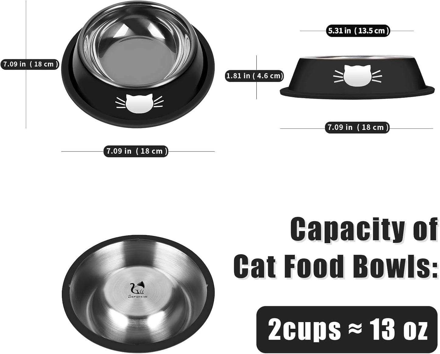 2 Pcs Non-Slip Stainless Steel Small Cat Food Bowls - Unbreakable, 13 Oz, Suitable for Indoor Small Pets - Removable Rubber Base, Easily Clean, Lovely Color
