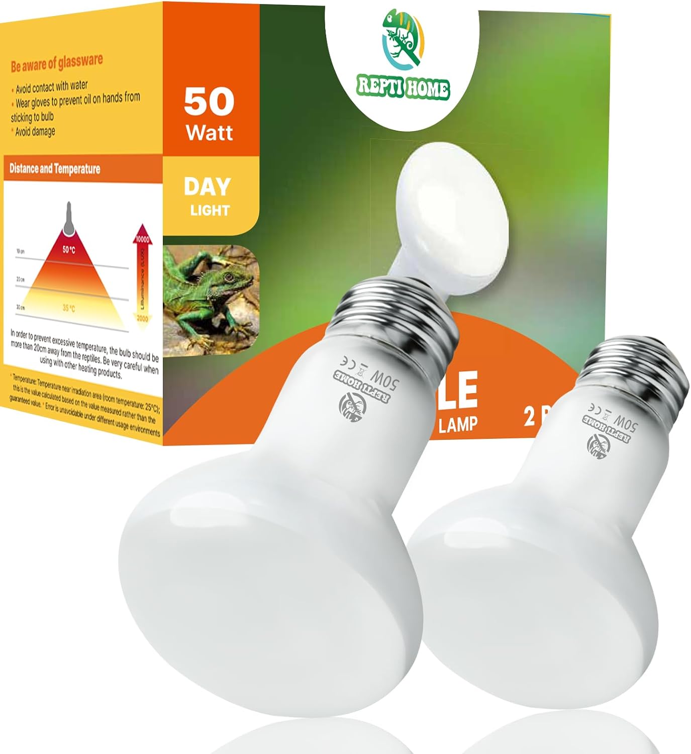 Reptile Heat Lamp Bulbs, 2 Pack 50W Simulate Natural Sunlight Heat Light Bulb, Amphibian Terrarium Basking Spot Lamp for Reptile, Bearded Dragon, Lizard, Turtle, Snake