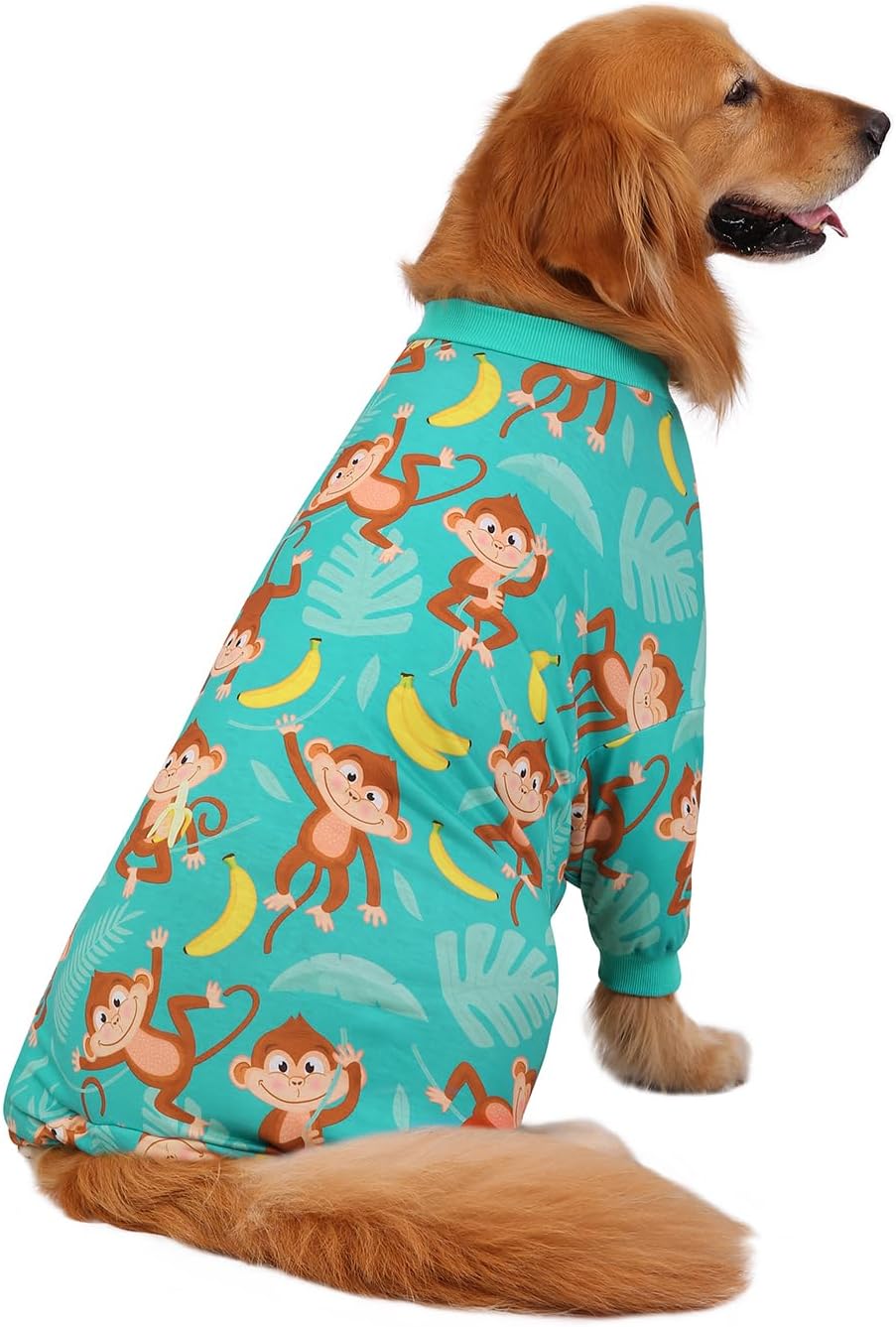 HDE Dog Pajamas One Piece Jammies Jumpsuit Pet Clothes Outfit Stretchy Lightweight Comfy Shirt Pjs for M-3XL Dogs Monkeying Around - M