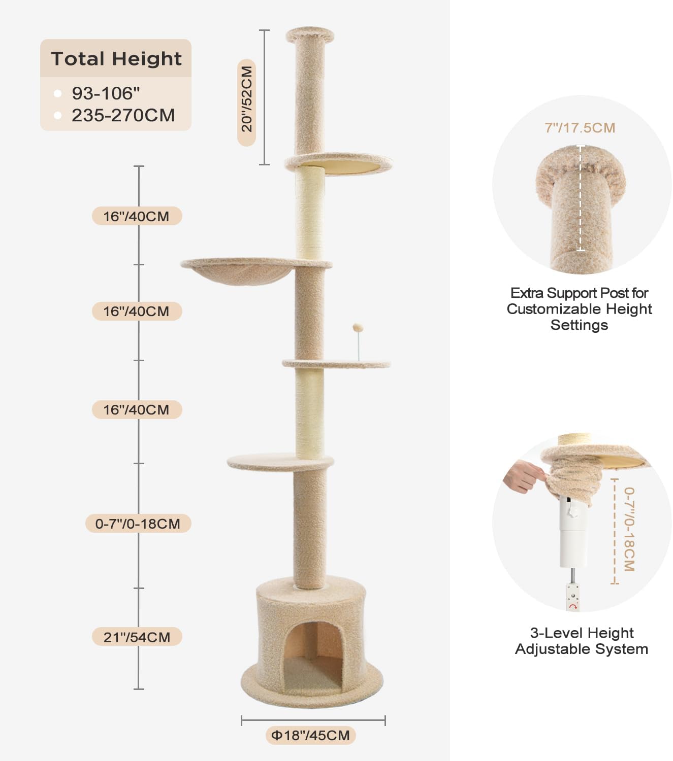 Made4Pets Floor to Ceiling Cat Tree 93-106'',Tall Cat Tower 5 Tiers, Adjustable Height, Stable Cat Tree Tower with Scratching Posts, Fluffy Condo, Hammock and Ball Toy for Indoor Cats/Kitten, Beige