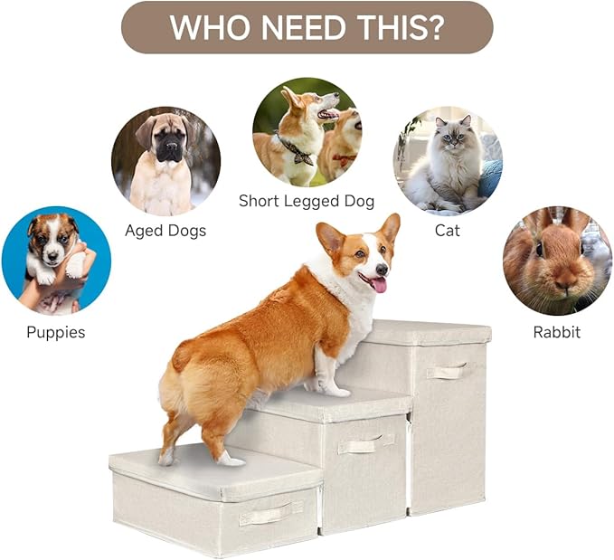 Pet Stairs with Storage, Pet Step for Small Dogs and Cats, 3-Step Folding Pet Steps with Zip, Cat Stairs Dog Steps for Bed, Couch and Car Ramp (Beige, 3 Steps no Condo)