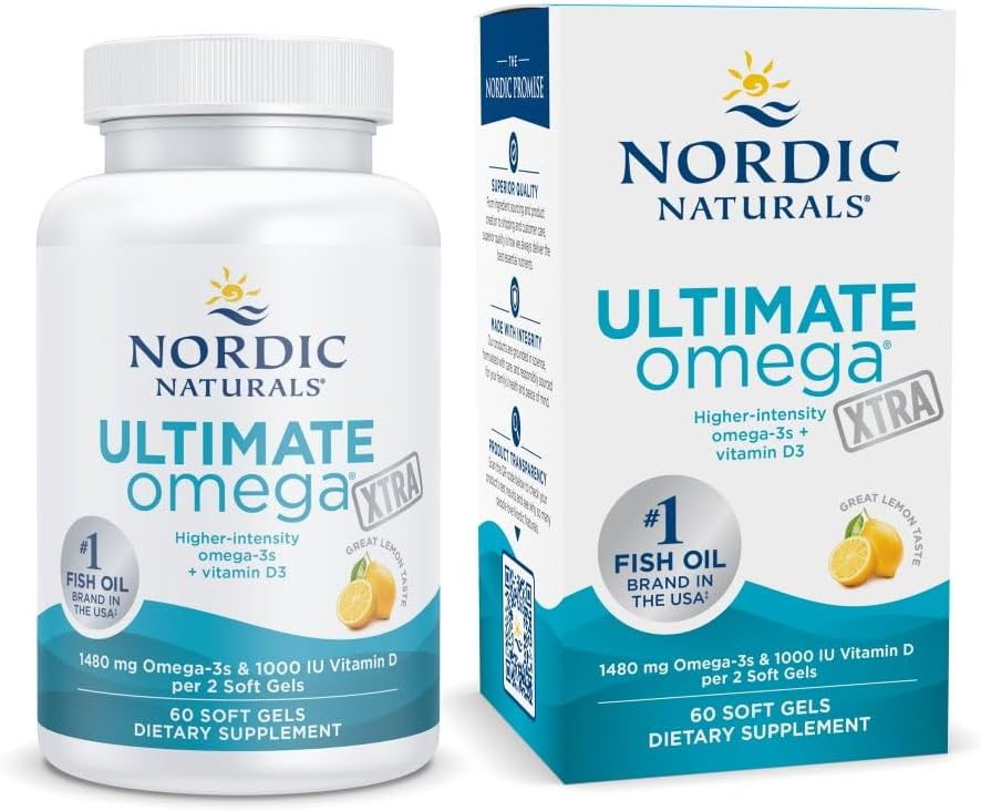 Nordic Naturals Ultimate Omega Xtra, Lemon Flavor - 60 Soft Gels - 1480 mg Omega-3 + 1000 IU Vitamin D3 - EPA & DHA - Brain, Heart, & Immune Health - 30 Servings