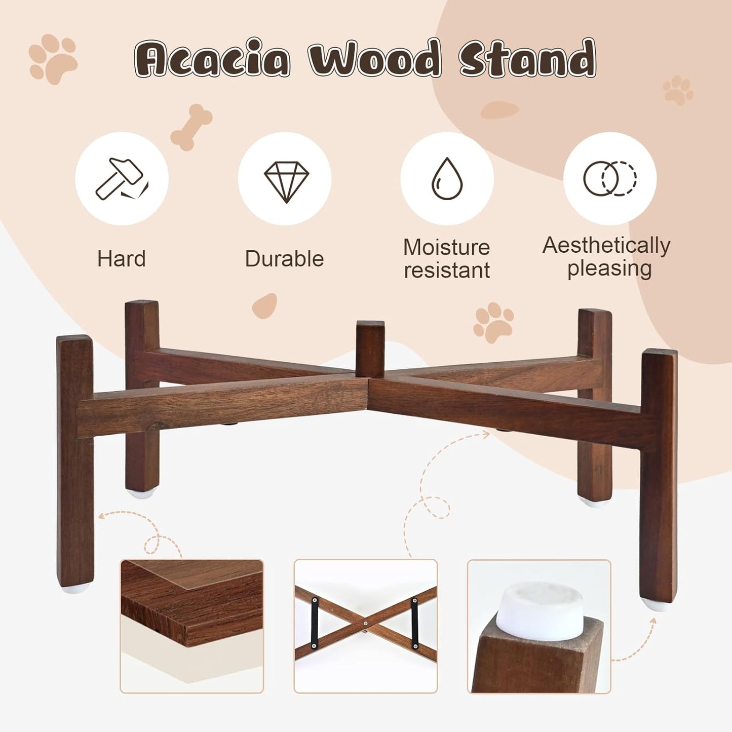 SPUNKYJUNKY Ceramic Elevated Dog Bowl Set with Acacia Wood Stand for Food and Water for Medium Dogs (42.27 OZ, Black, Dog Paw Pattern)