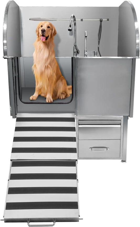Professional Dog Grooming Tub, 62" Stainless Steel Dog Wash Station with Foldable Ramp, Storage Drawer, Floor Grate & Faucet/Dog Bathtub for Large, Medium & Small Pets - Left Door (62")
