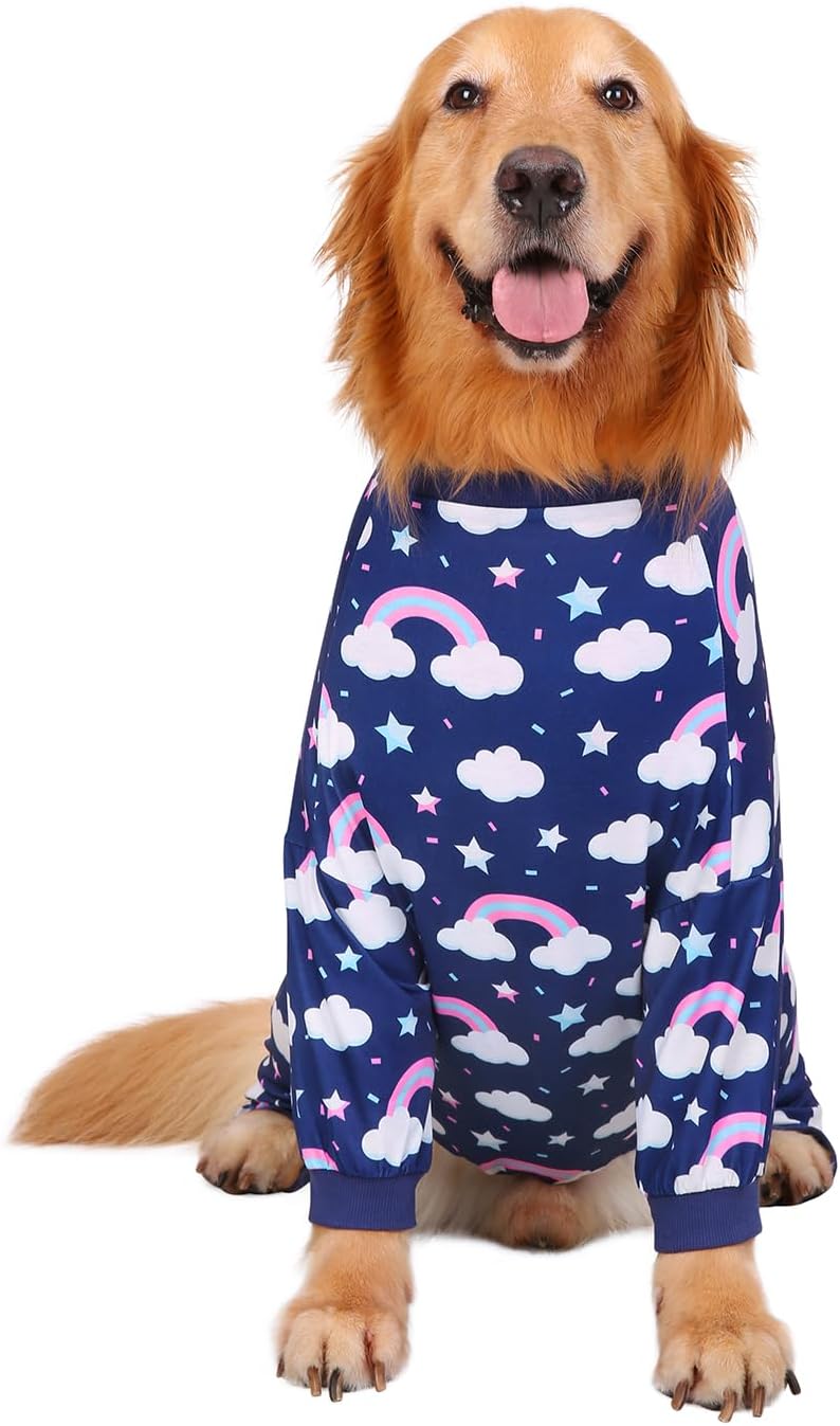 HDE Dog Pajamas One Piece Jammies Jumpsuit Pet Clothes Outfit Stretchy Lightweight Comfy Shirt Pjs for M-3XL Dogs Rainbows - 2XL