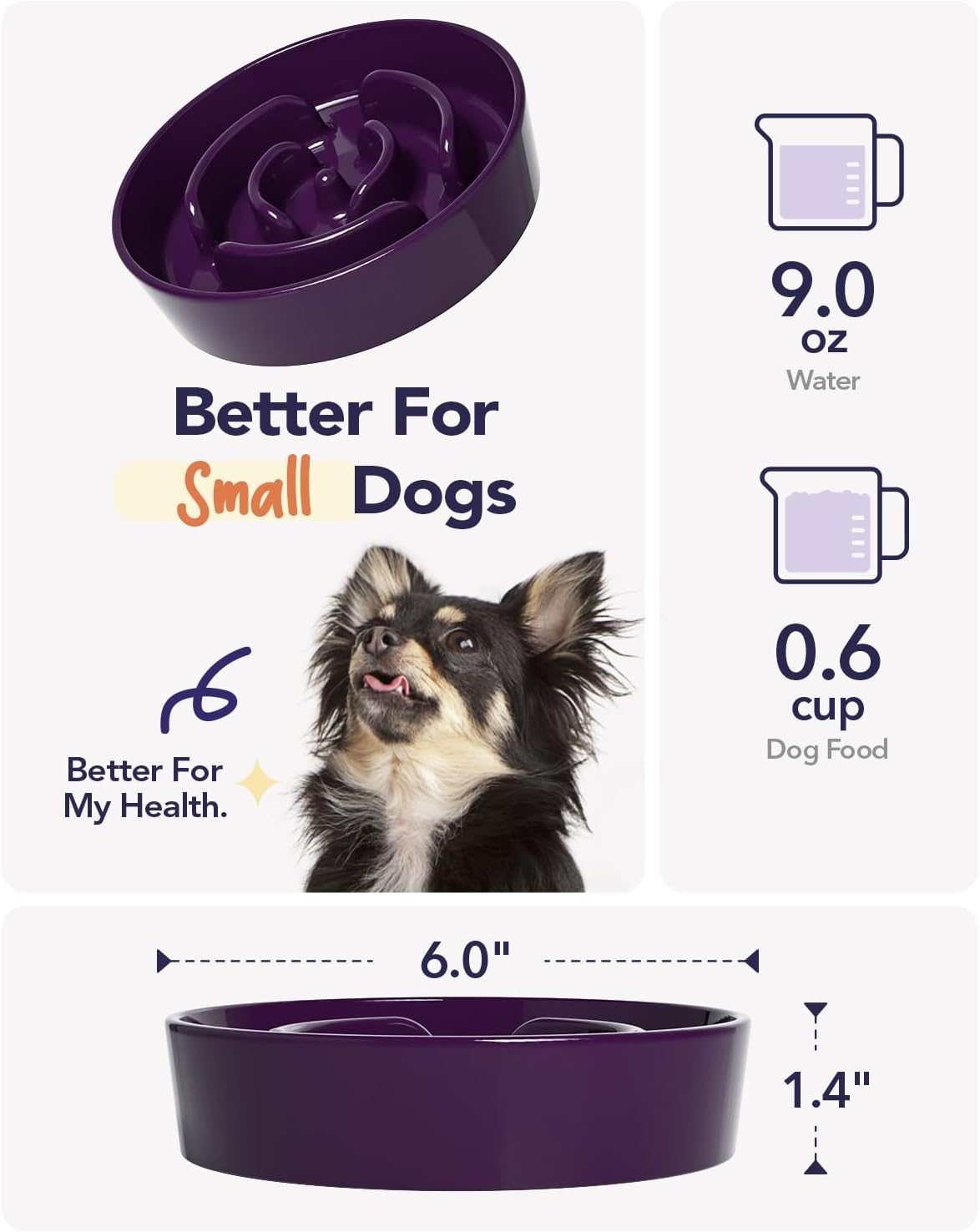 LE TAUCI Ceramic Slow Feeder Dog Bowls Small Breed, 0.6 Cups Dog Food Dish for Fast Eaters, Puzzle Bowl for Small Dogs and Cats,Purple