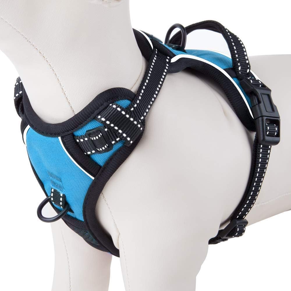 PHOEPET Reflective Dog Harness No Pull Large Breed Vest with 2 Metal Leash Attachment Hooks(XL, Blue)
