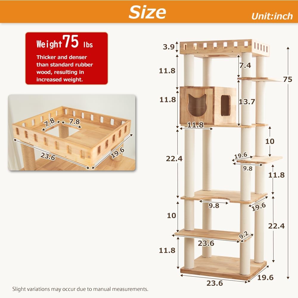 74" Wooden Cat Tree Tower for Large Cats, Multi-Level Cat Climbing Furniture with Scratching Posts, Cat Condo & Hammock, Natural Wood Cat Activity Center (White)