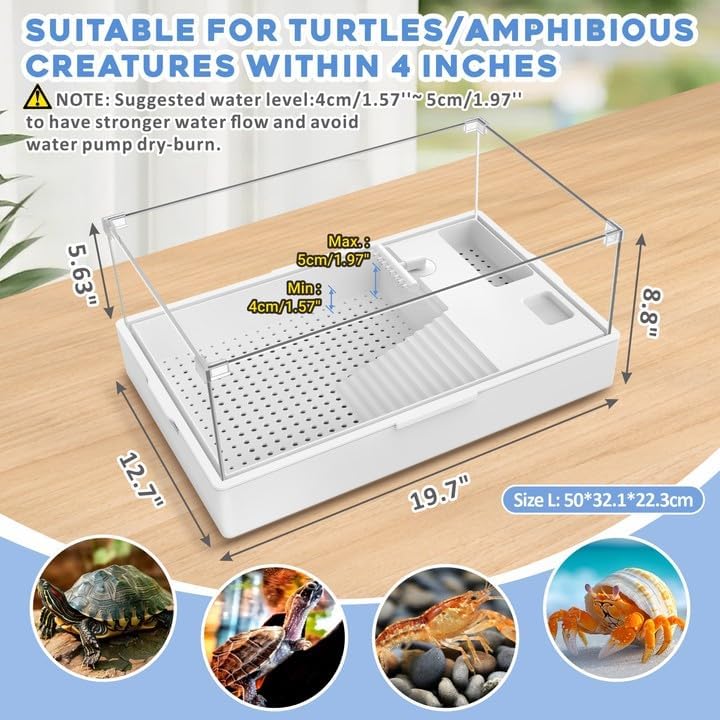 GOZILLA Large Turtle Tank Kit+Water Pump+Lamp, Acrylic Turtle Tank Starter Kit with Adjustable 5W Water Pump and Timing/Dimming Lamp, Multi-Functional Area for Small/Medium Turtles(Large-White Kit).