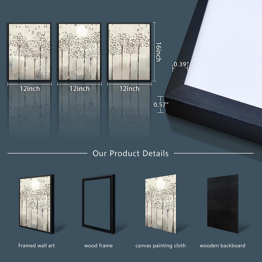 Black Framed Wall Art for Living Room Bedroom Wall Decor office Wall Decorations trees and birds Abstract Wall Paintings Sunrise and sunset Wall Pictures Artworks Modern 3 Piece Framed Prints Art