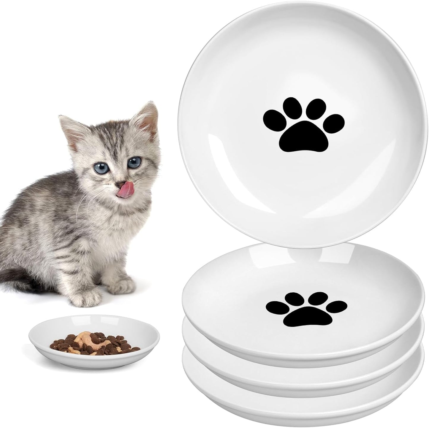TRUVIC 4 Pack Ceramic Cat Food Bowls, 5.9 Inch Ceramic Cat Dishes Set for Indoor Cats and Small Dogs, Anti Whisker Fatigue Kitten Bowls, Wide Shallow Kitten Plates for Food and Water (Cat's Paw)