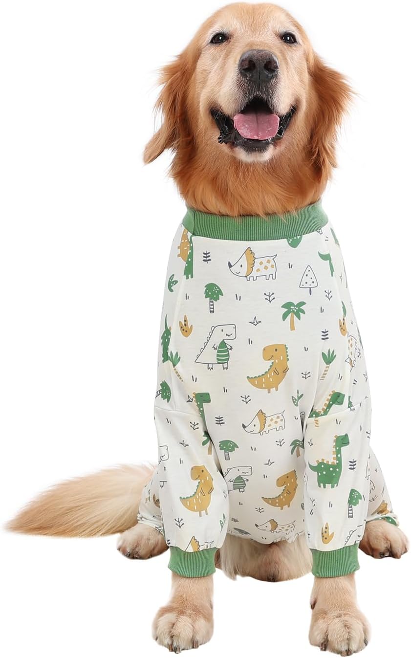 HDE Dog Pajamas One Piece Jammies Jumpsuit Pet Clothes Outfit Stretchy Lightweight Comfy Shirt Pjs for M-3XL Dogs Forest Dinos - M