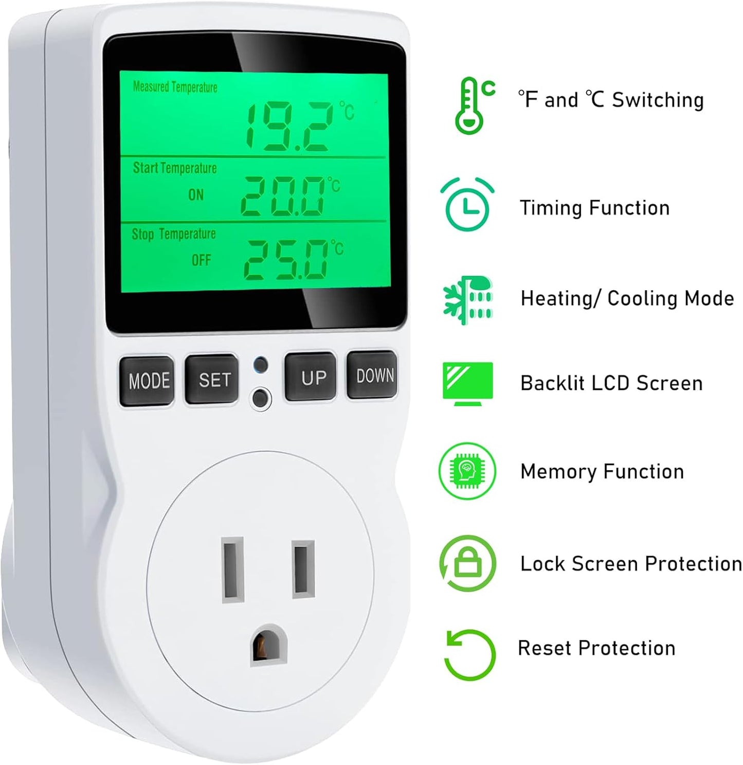 KABASI Digital Temperature Controller, Backlit LCD Screen Thermostat Heating Cooling Outlet Plug with Sensor Timer for Reptile Incubator Greenhouse Brewing Refrigerator 110V, 15A, ℉/℃