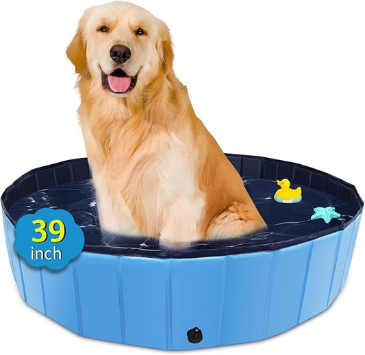 Foldable Dog Pool, 39" x 12" Kiddie Pool with Hard Plastic, Non-Slip Dog Bath Tub for Outdoor Backyard, Collapsible Dog Swimming Pool for Kids Dogs Pets (Blue)