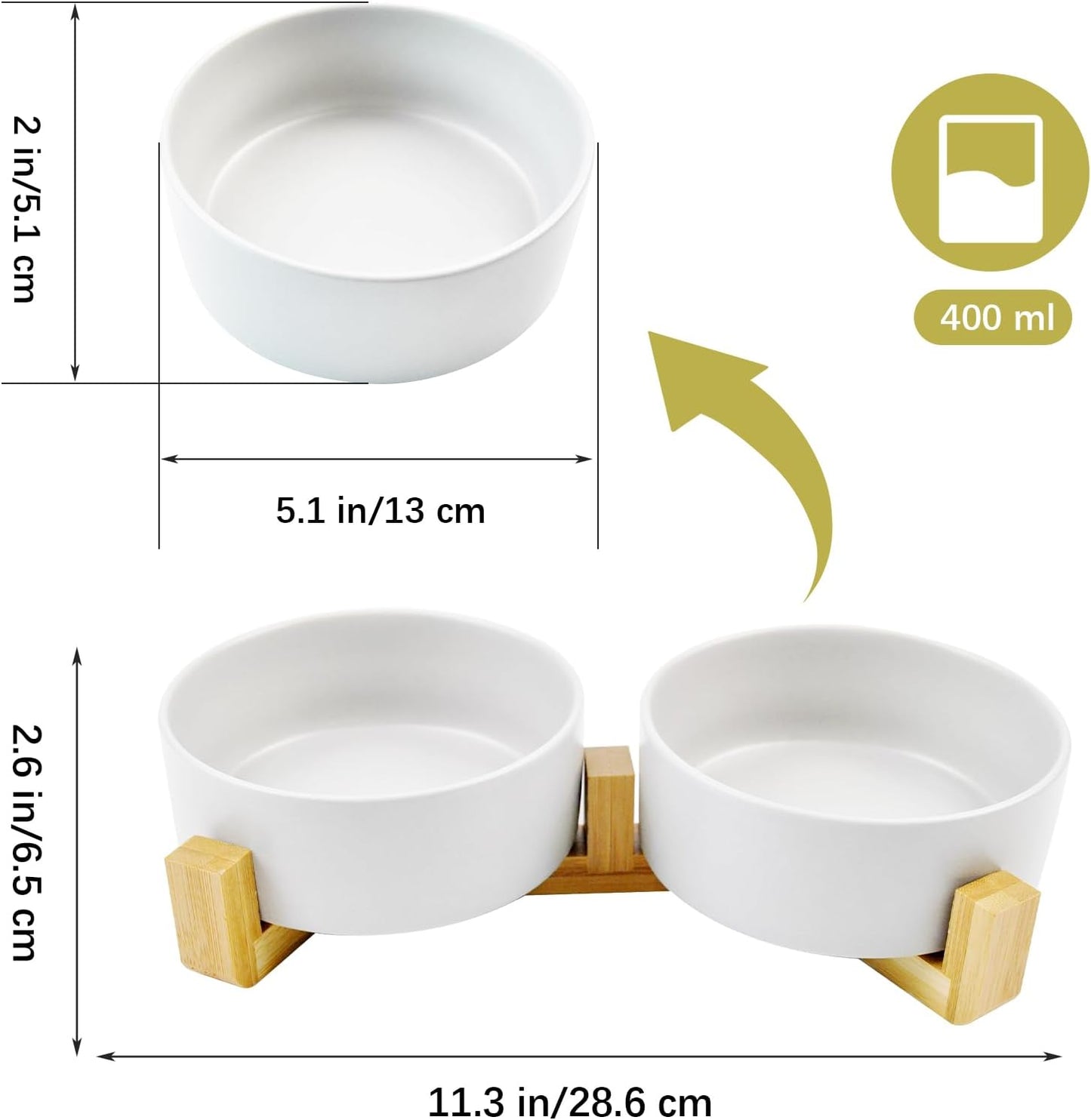 Ceramic Cat Bowls with Bamboo Stand,Non-Slip Small Dog Food and Water Bowl Set Non-Spill Cats Feeder Dish Modern Cute Weighted Cat Dishes for Small Dogs Puppy Cats Kitten(White)