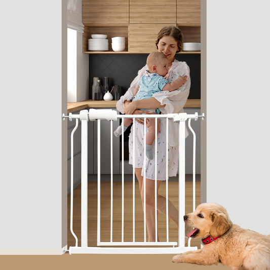 Walk Through Baby & Dog Gate 29-34 Inch, Pressure Mounted No Drilling, Indoor Safety Gate for Stairs & Doorways, Metal Design for Kids and Pets, White