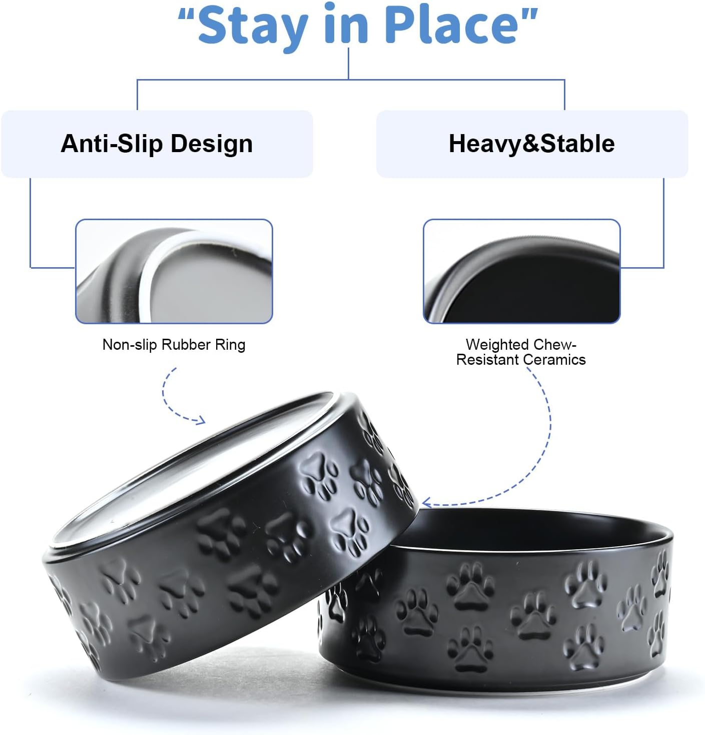 SPUNKYJUNKY Ceramic Dog Bowls 2 Pack, 7.3'' Dog Food Water Double Feeding Bowls Non-Slip for Medium to Large Sized Breed Microwave Dishwasher Safe - 42 OZ, 2pcs, Paw Black