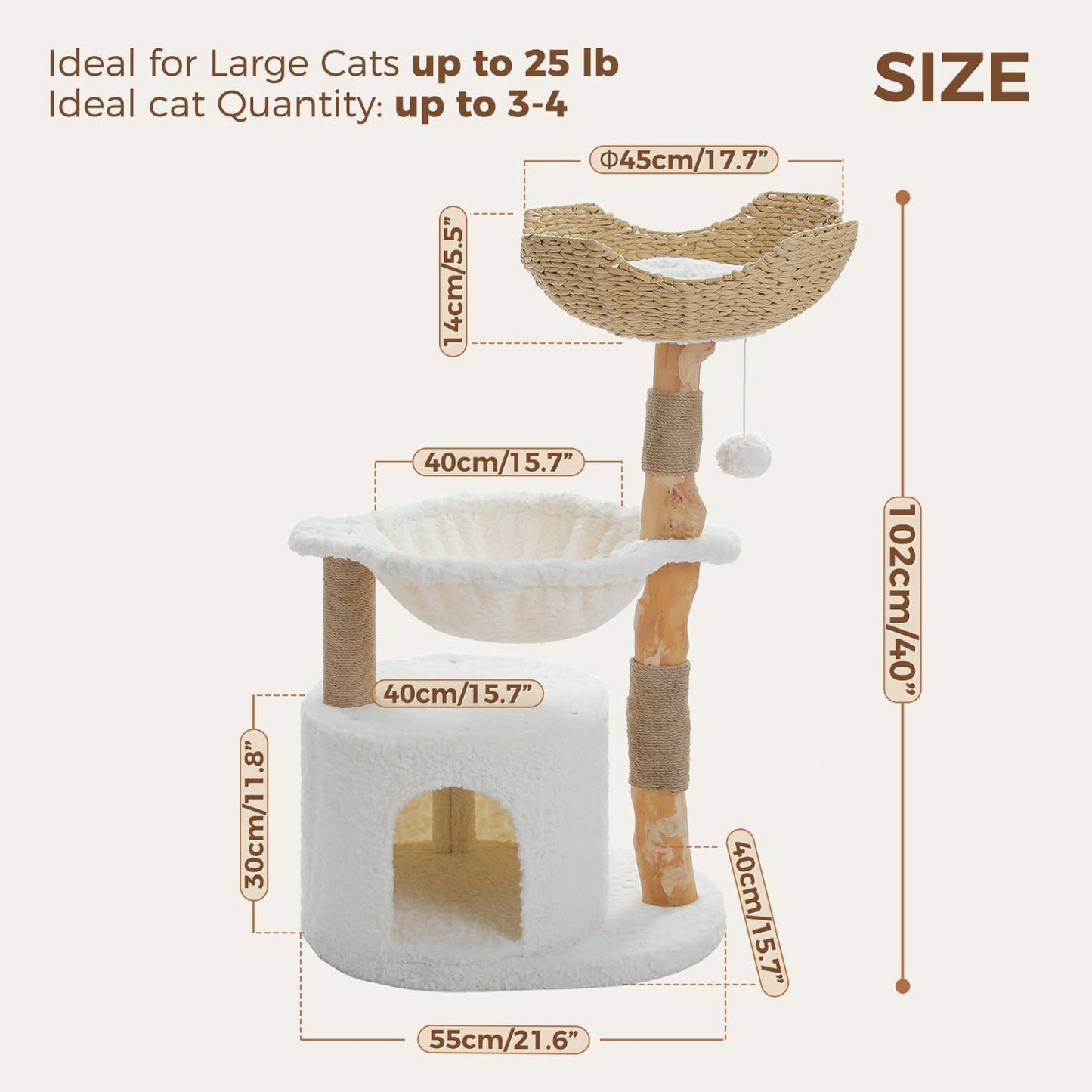 PAWZ Road Modern Cat Tree with Natural Solid Wood Scratching Post, 40 Inches Cat Tower with Spacious Wicker Basket,Large Hammock,Luxury Condo for Indoor Cats