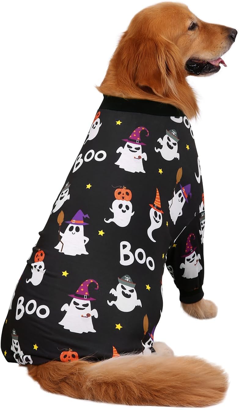 HDE Dog Pajamas One Piece Jammies Jumpsuit Pet Clothes Outfit Stretchy Lightweight Comfy Shirt Pjs for M-3XL Dogs Cute Ghosts - M