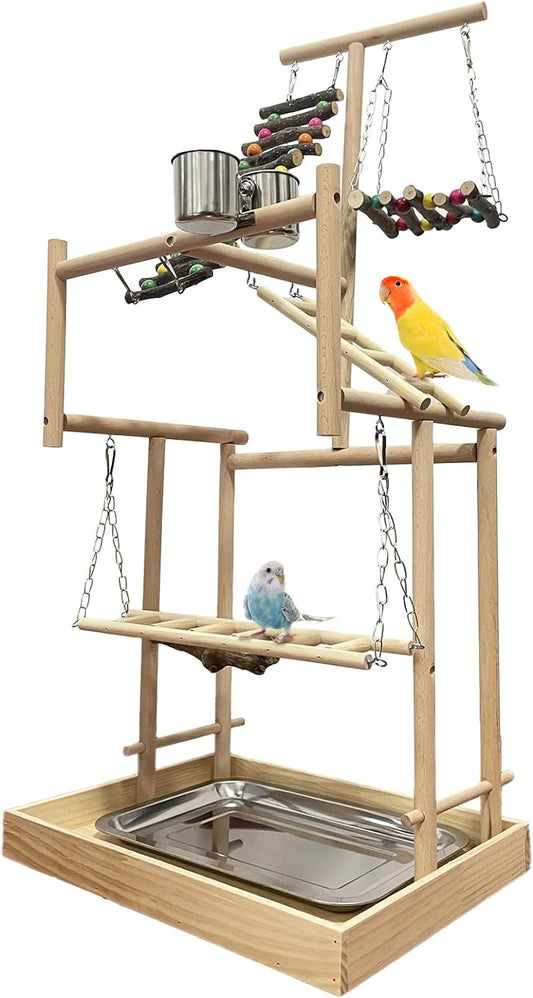 Hamiledyi 4 Layers Large Bird Playground 32" H Pet Parrot Playstand Gym Perch Wood Playpen for Parakeets Lovebirds Conure Cockatiel Cockatoos Finch Budgies or Other Small and Medium Sized Birds