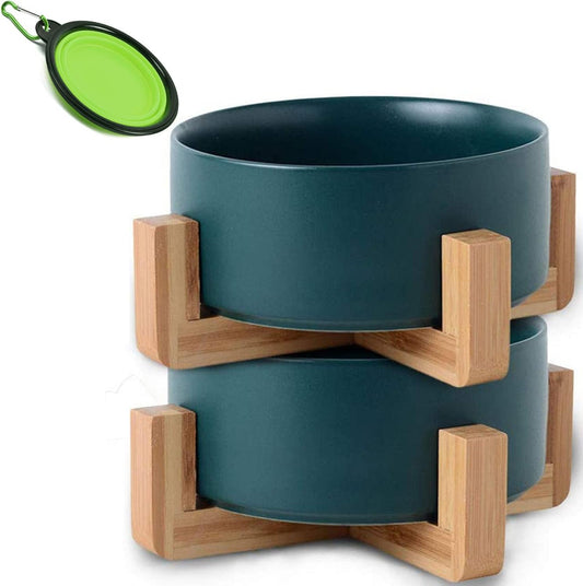 Petygooing Ceramic Dog Cat Bowl Set with Stand,Medium Dog Bowls,Pet Food and Water Dish, Anti -Slip Set of 2 Cat Bowls-Pet Food Bowl- Pet Dish Small Medium Size Pet (28 OZ /3.6 Cups) Green