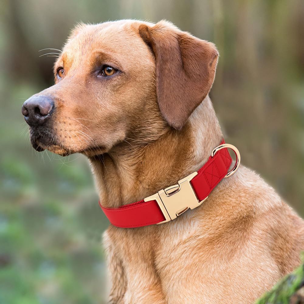 PET ARTIST Soft PU Leather Dog Collar, Bright & Classic Red Dog Collar with Quick Release Rose Metal Buckle, Adjustable Nylon Padded Durable Pet Collars for Large Dogs Girl, Neck Fit 16-27"