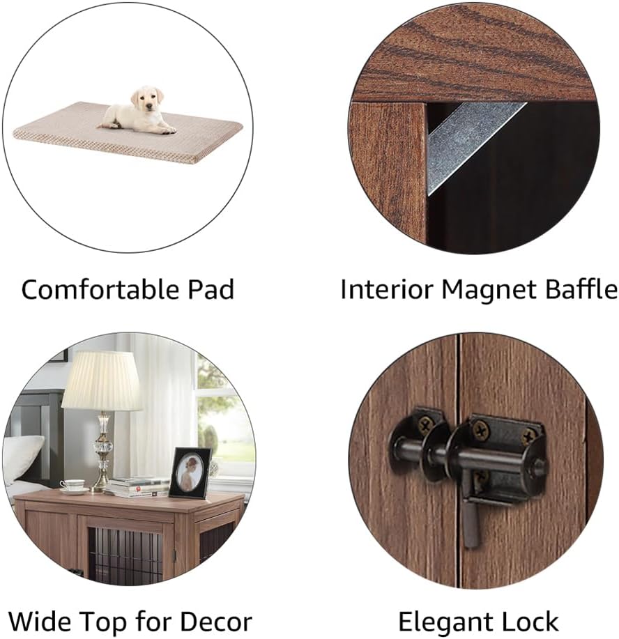 unipaws 38.5 Inch Furniture Style Dog Crate for Medium Large Dogs, Indoor Aesthetic Dog Stuff Kennel, Modern Decorative Wood Wire Cage, Pretty Cute End Side Table Nightstand, Walnut