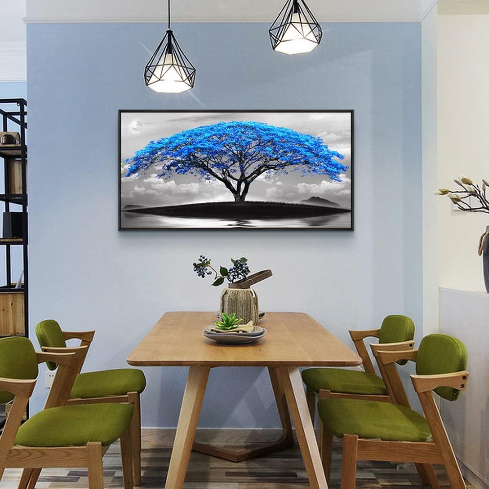 Framed Canvas Wall Art For Living Room Large Size Office Wall Decor Bedroom Decor Wall Pictures Artwork Black And White Landscape Blue Tree Moon Wall Painting Home Decorations Black Frame 20" X 40"