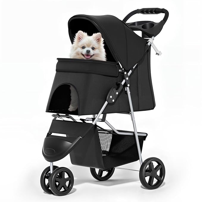 MoNiBloom Foldable Pet Stroller with Weather Cover, 3 Wheels Pet Strolling Cart for Small/Medium Dogs and Cats with Storage Basket and Cup Holder, Breathable and Visible Mesh for All-Season, Black
