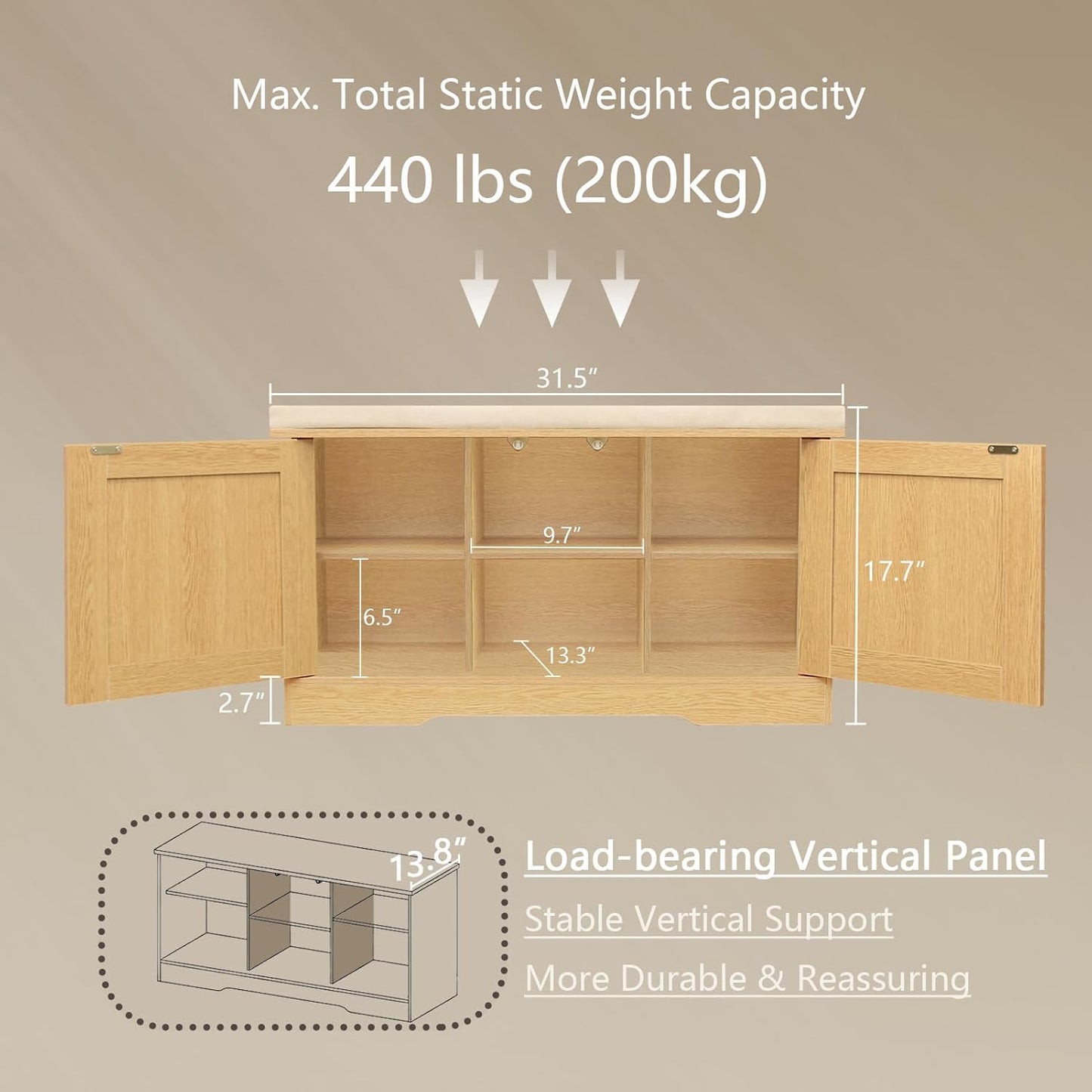 DINZI LVJ Shoe Bench, Entryway Storage Bench with Doors, Cushion, 2-Tier Shoe Rack with 6-Cubby, 31.5”L x 13.8”W Shoe Organizer Cabinet, Adjustable Shelf, Living Room, Bedroom, Natural