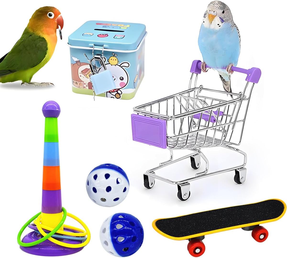 6pcs Interactive Puzzle Toy Set for Small Parrots - Training, Stress Relief, Include Coin Box, Bell Ball, Skateboard & Ferrule Toy for Bird Budgies, Cockatiels, Parakeet etc