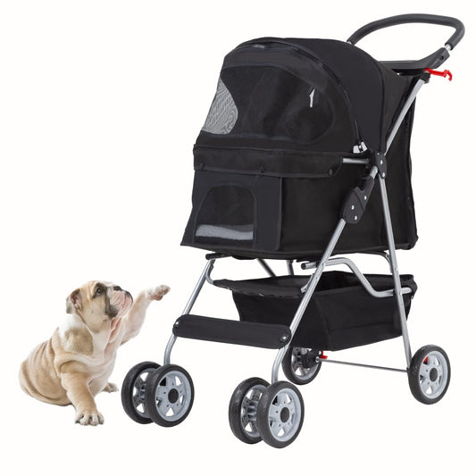 Pet Stroller 4 Wheels Dog Cat Stroller for Small Medium Dogs Cats Foldable Puppy Stroller with Storage Basket and Cup Holder,Black