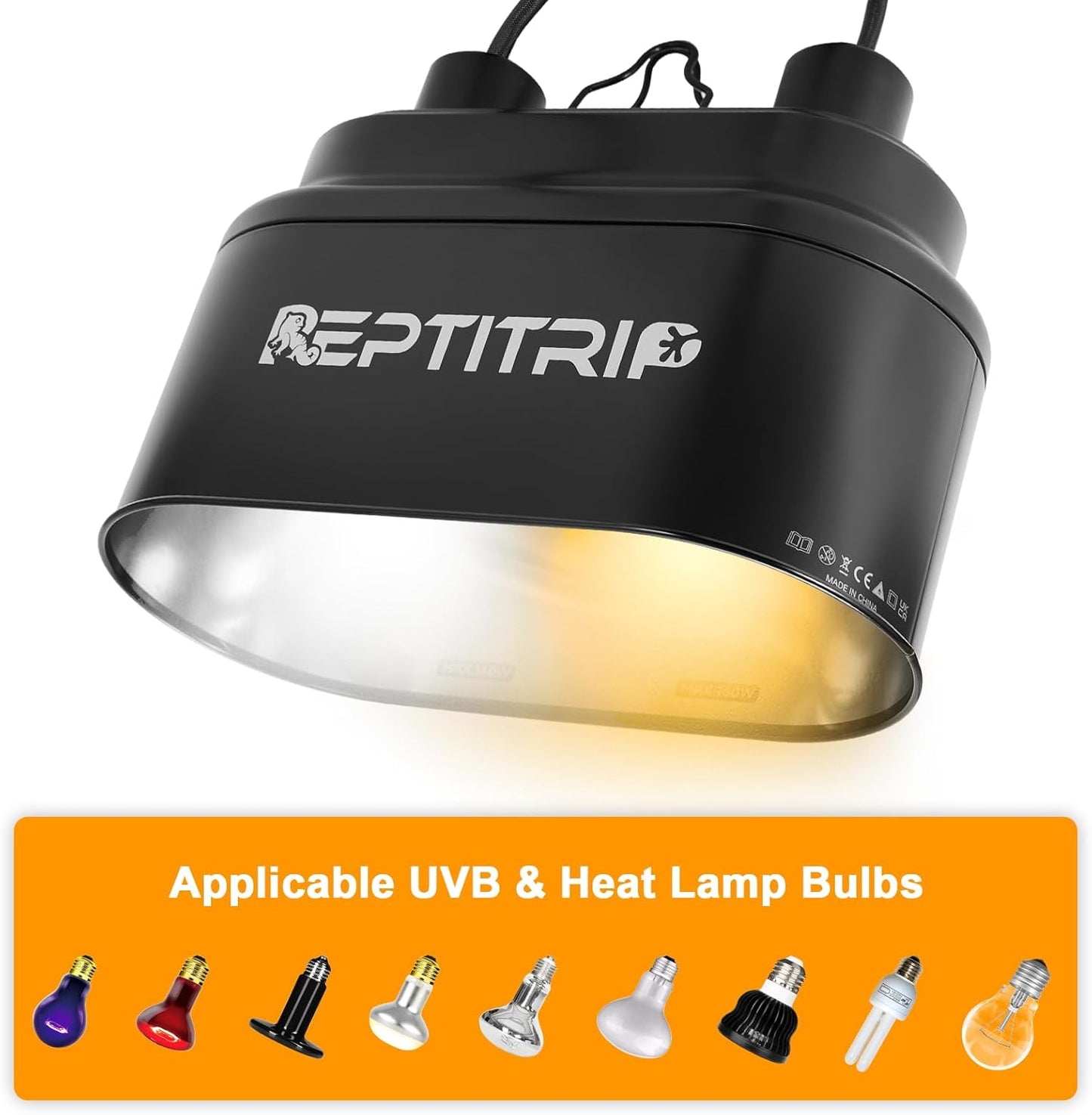 Dual Reptile Light Fixture with Switches, Reptile Heat Lamp Fixture, Reptiles Terrarium UVB Bulb Fixture for Bearded Dragon, Max 160W Each (Bulb Not Included)