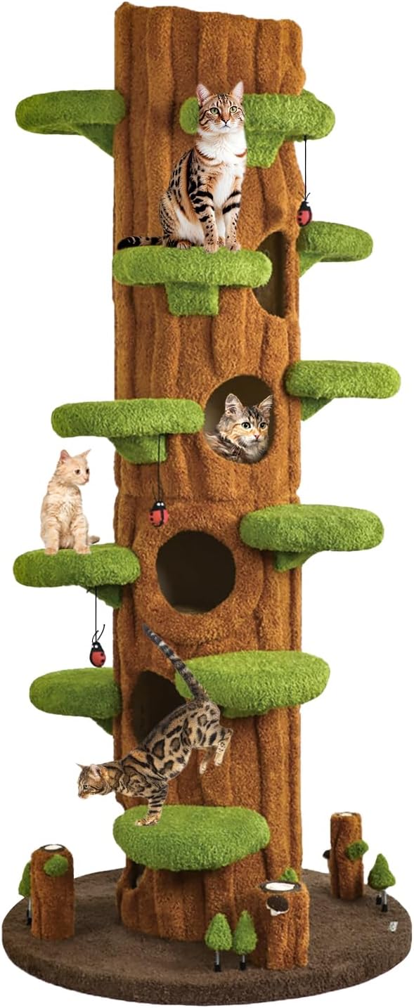 90.5'' Luxury Cat Tree with Scratching Pad, Wooden Cat Tower for Indoor Cats, Large Climber Tower, Tall Kitty Furniture, Multi-Level Condo for Multi-Cat Families