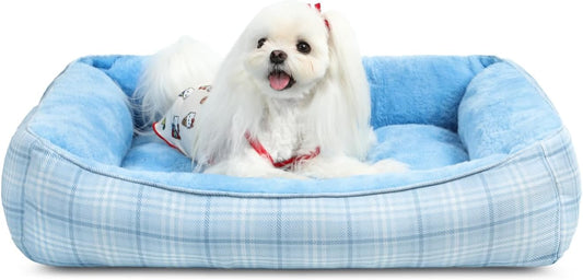 MIHIKK Rectangle Dog Beds for Small Medium Dogs & Cats, Orthopedic Sleeping Pet Bed for Couch with Durable Puppy Cuddler and Anti-Slip Bottom Machine Washable 25 * 21 Inch (Blue)