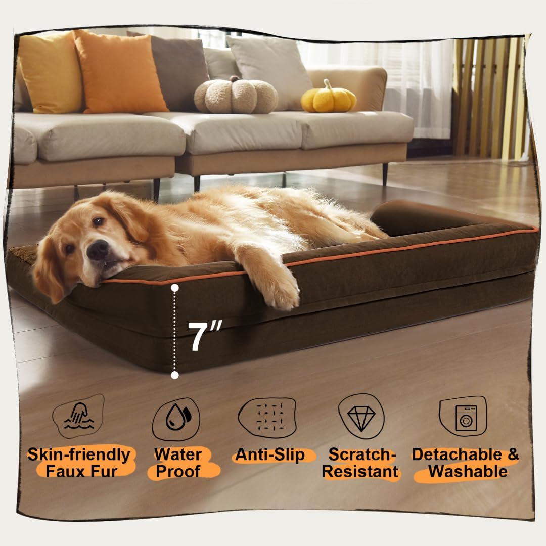 Large Dog Bed Orthopedic Washable - Beds Bolster - Extra Large Big Dogs - Waterproof with Removable Cover - Memory Foam Couch Sofa - Coffee Dog Bed