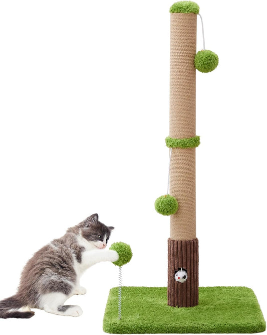 33" Tall Cat Scratching Post for Indoor Cats, Premium Sisal Scratch Posts with Cat Toys and Fun Mouse Holer for Cats at All Ages, Scratcher Tree with Reinforced Stable Base (Green)