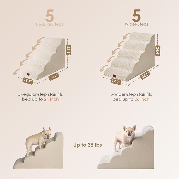 EHEYCIGA Curved Dog Stairs Ramp for High Beds, 5-Step Extra Wide Dog Steps for Small Dogs and Cats, Pet Stairs for High Bed Climbing, Non-Slip Balanced Pet Step Indoor, Beige